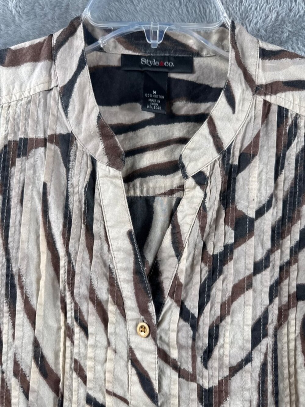 Womens Style & Co Zebra Print Button-Front Blouse M 100% Cotton Brown/Beige 3/4 - Picture 2 of 11